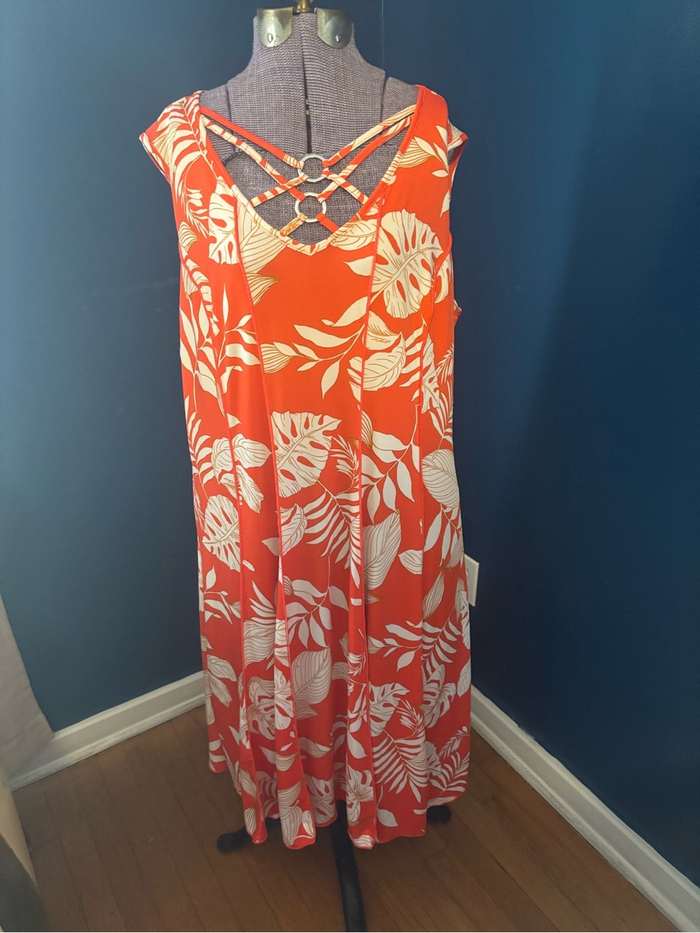 Sami & Jo Orange Tropical Print Dress with Strappy V-Front & Rings - orig $70 - Picture 2 of 10